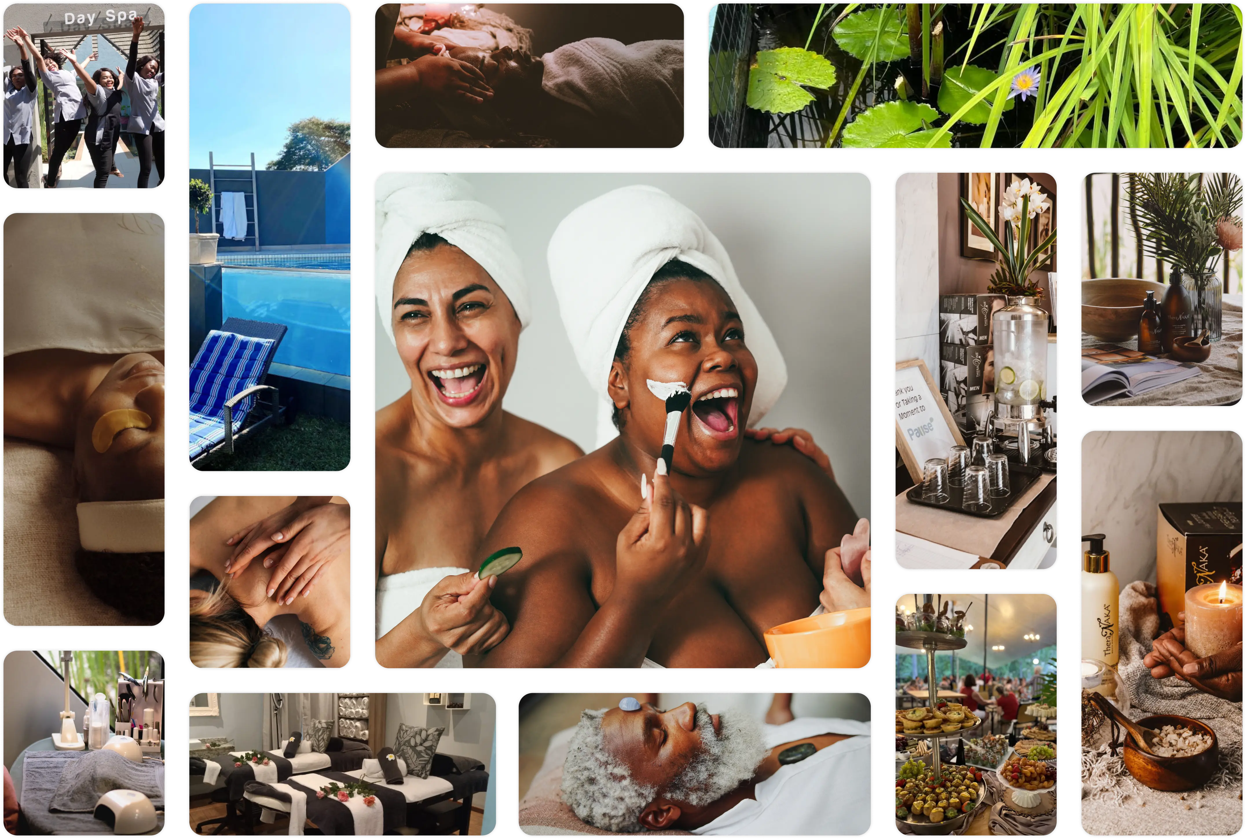 Collage of pictures showing some of the therapists and treatments at Pause Spa