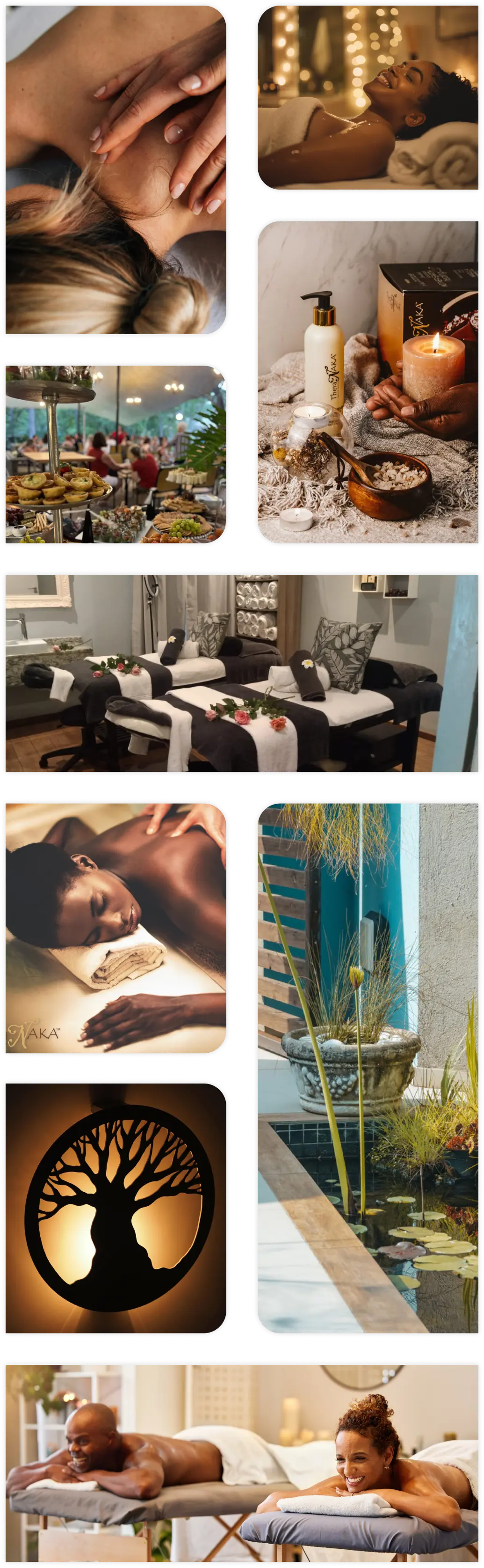 Collage of pictures showing some of the therapists and treatments at Pause Spa