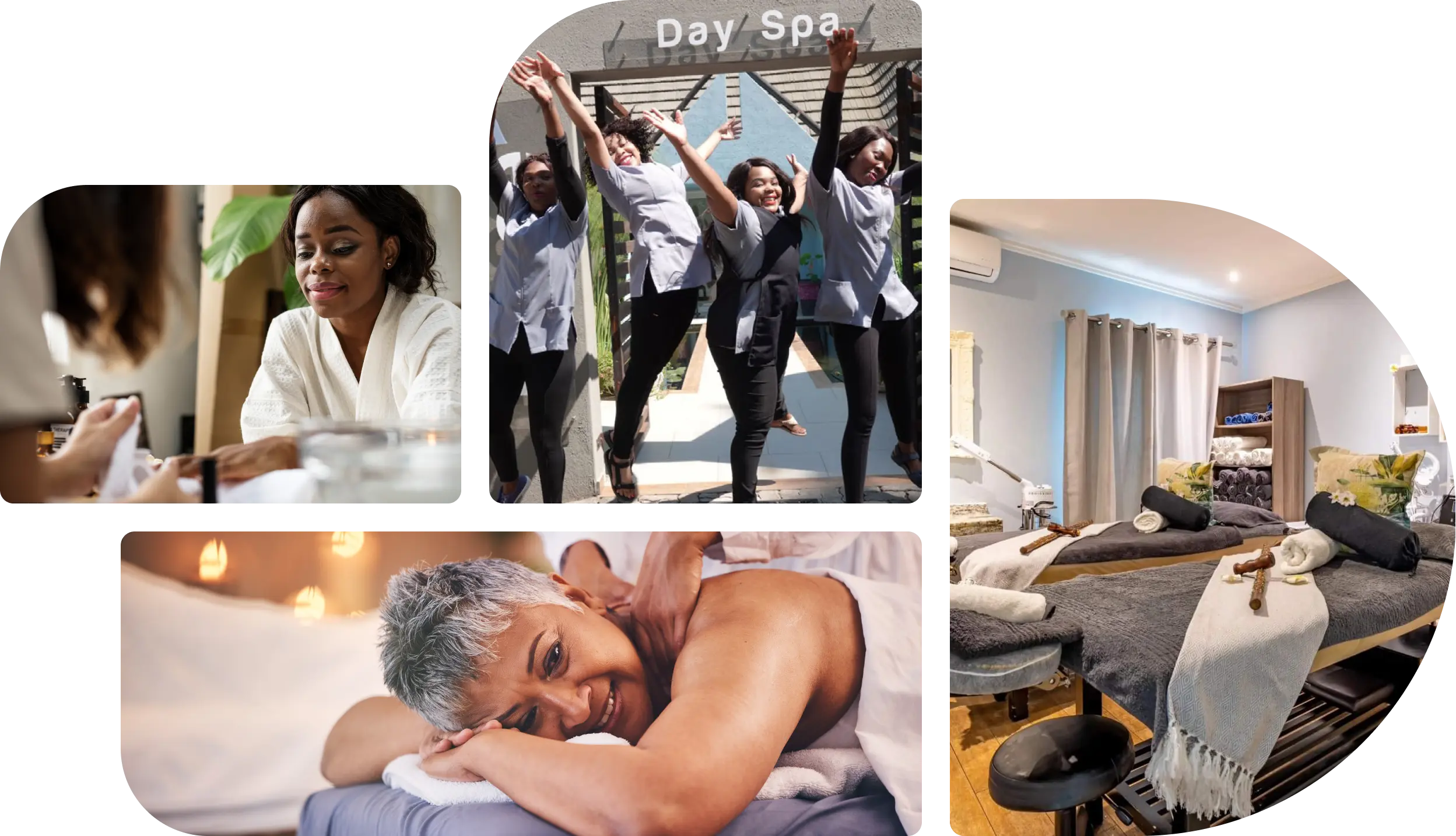 Collage of pictures showing some of the therapists, treatments such as massages, a lady getting her nails done at the Pause Spa nail bar, and two beds inside a treatment room at Pause Spa